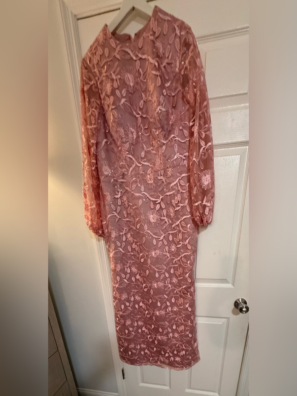 Floral Lace Midi Dress with Long Sheer Sleeves — Rose Pink